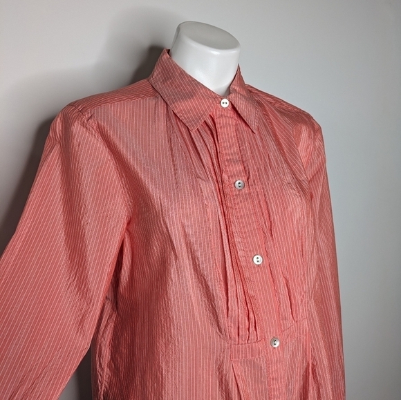 ✨3/$15  Chico's peach white striped cotton & silk blend button up blouse L - Picture 3 of 8